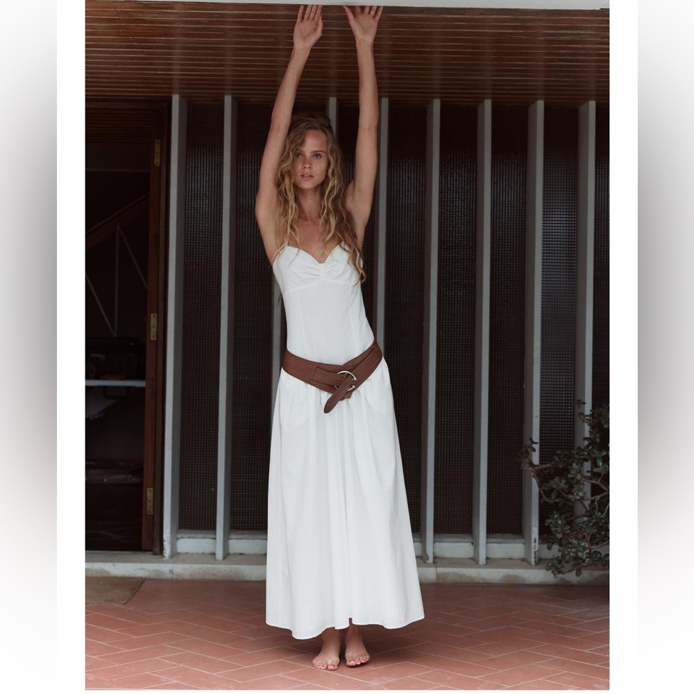 Zara White Cotton Maxi Strappy Gabardine Dress V Neck Flounced hem size XS NWT - Picture 8 of 16